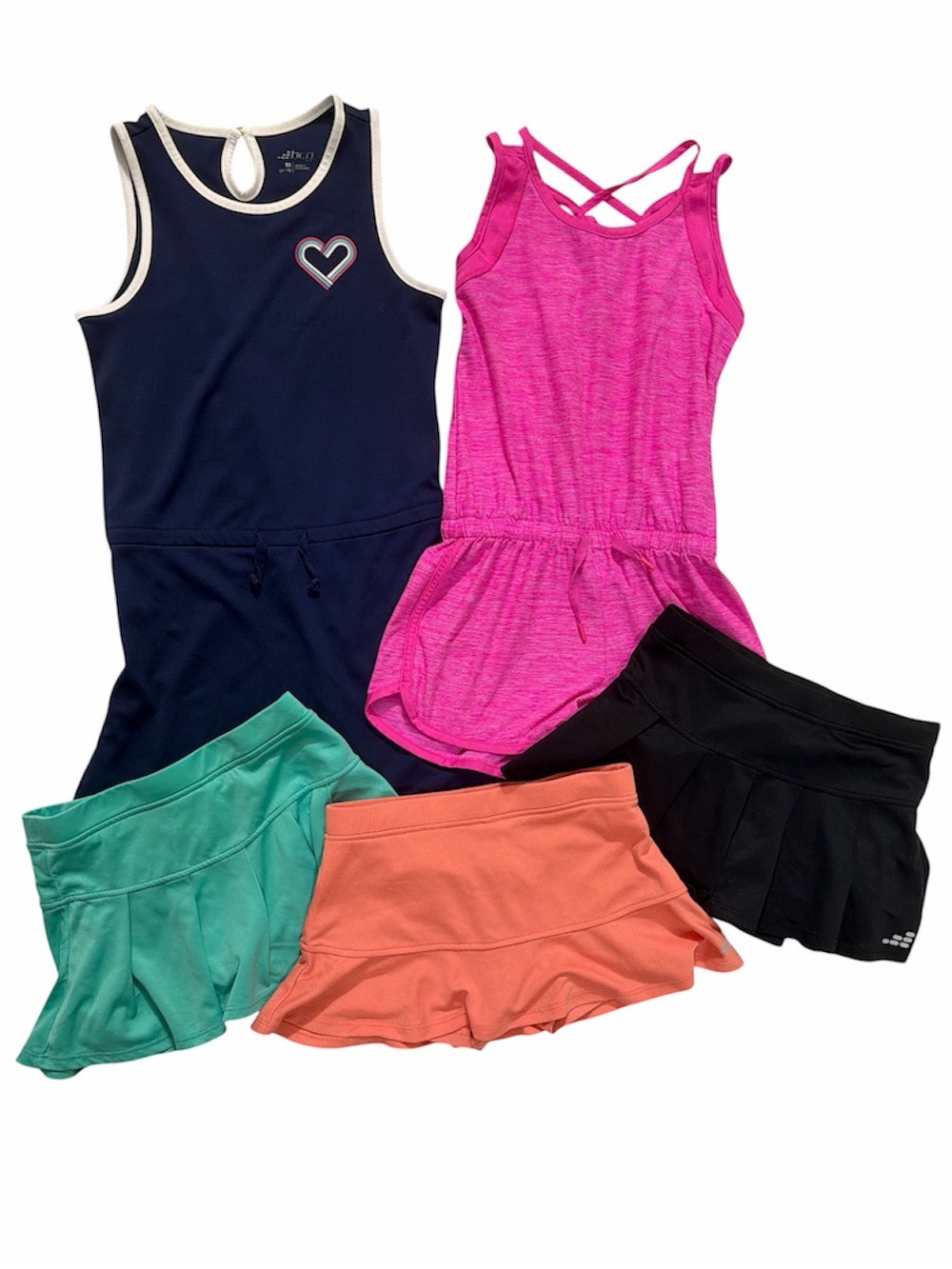 Girls 5 pc athletic bundle- tennis dress, romper & 3 tennis skirts 8